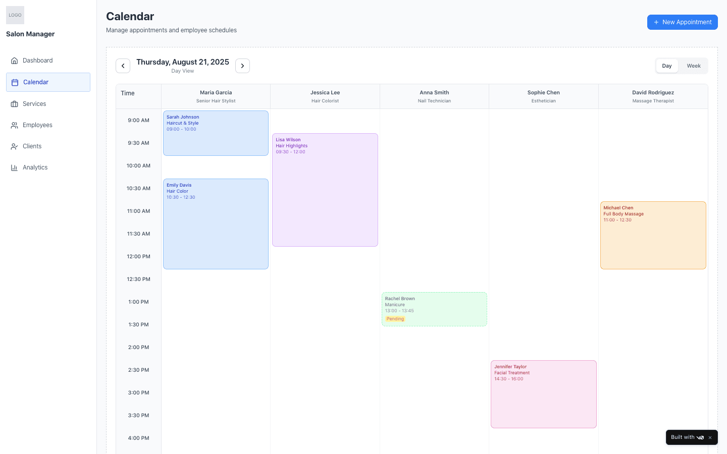 Booklee Calendar Management Interface - Daily Schedule View